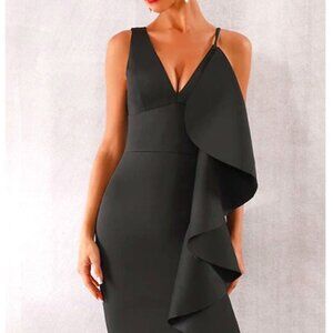 Chic Black Ruffle Bodycon Midi Dress – Asymmetrical Party Ready